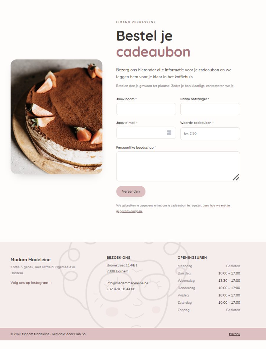 De cadeaubon-pagina op de nieuwe Madam Madeleine-website