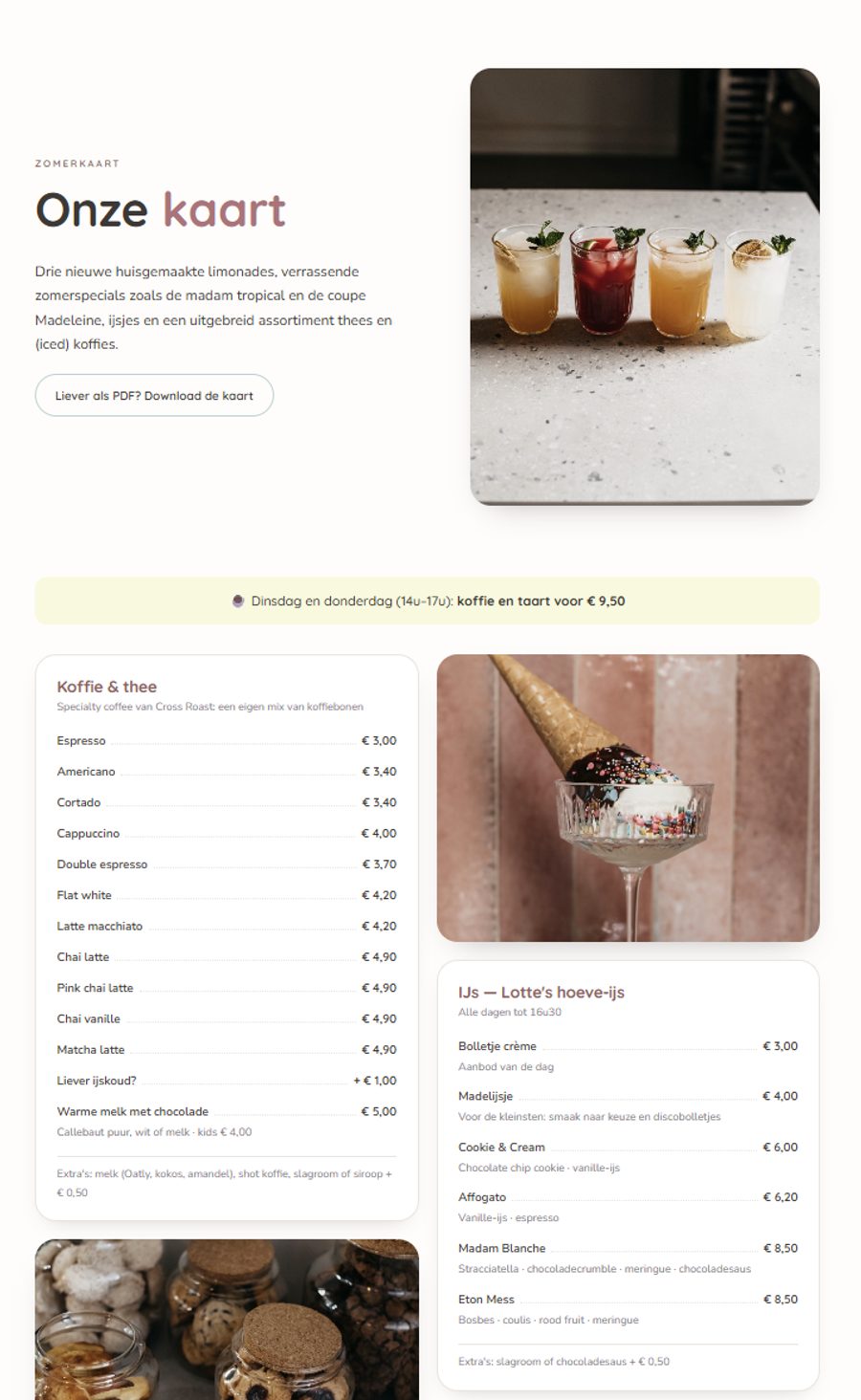 De menukaart op de nieuwe Madam Madeleine-website